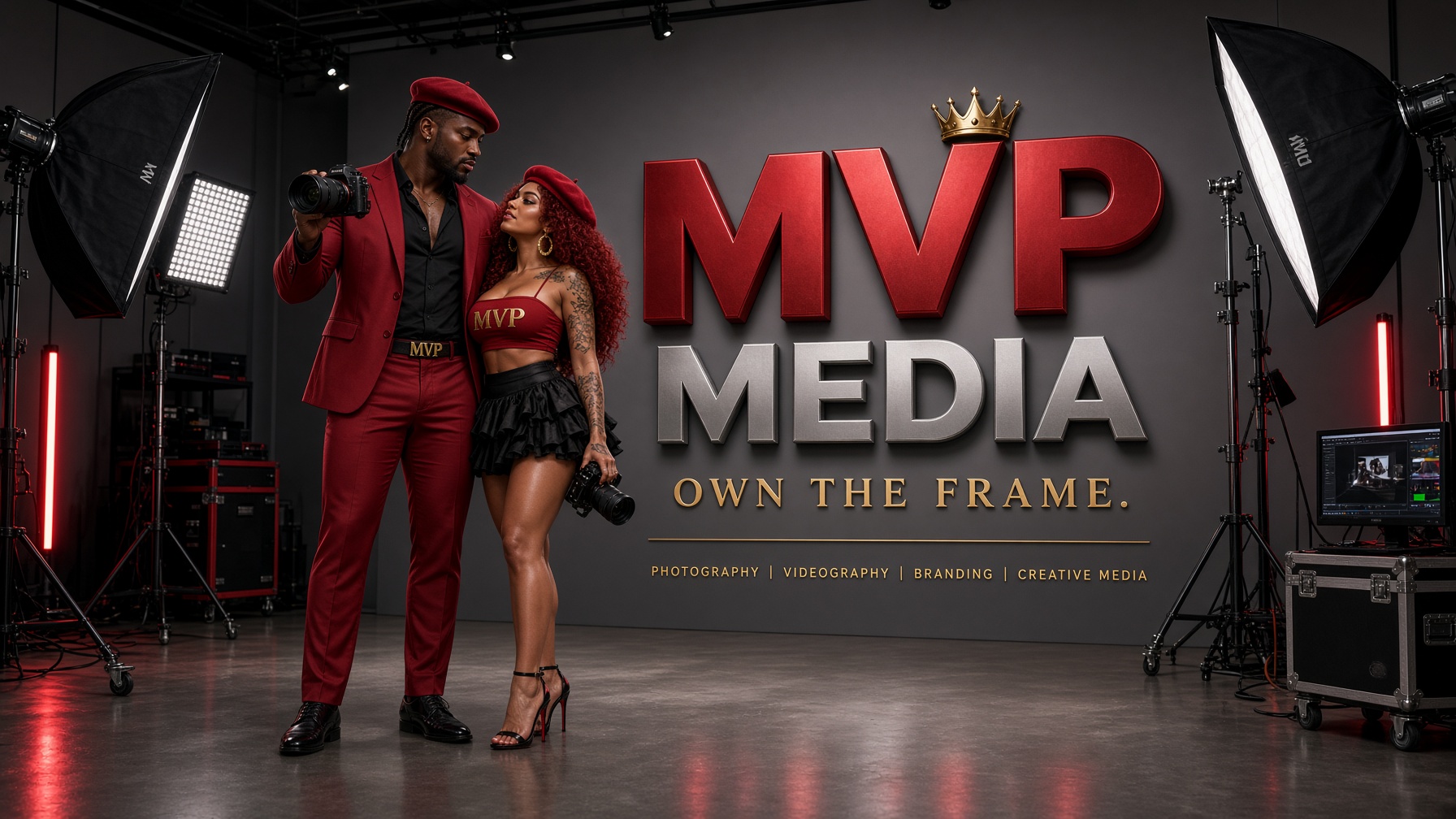 MVP and Ruby in the MVP MEDIA studio beside the crowned MVP MEDIA logo: Own the frame.